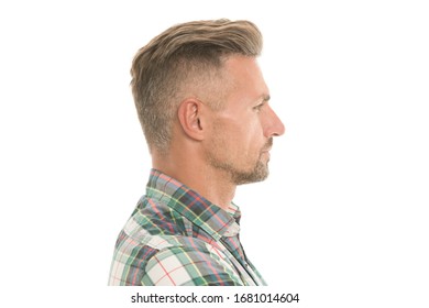 Barber Salon. Perfect Fringe. Styling Fringe Requires That You Apply Some Pomade Or Wax And Comb Hair Forward. Fringe Hairstyles Allow Hair Volume. Handsome Mature Man With Stylish Hairstyle.