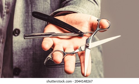 Barber Scissors And Straight Razor, Barber Shop. Mens Haircut In Barber Shop. Mens Haircut, Shaving.