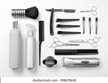 Barber set with tools, equipment and cosmetics, isolated on white