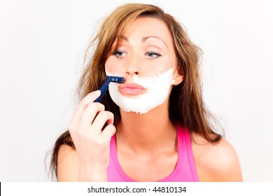 Barber Shaving Facial Female Looking In Mirror