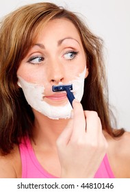 Barber Shaving Facial Female Looking In Mirror