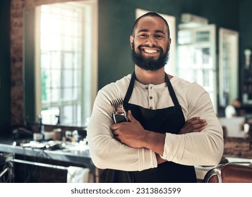 Barber shop, hair stylist smile and black man portrait of an entrepreneur with beard trimmer. Salon, professional worker and male person face with happiness from small business and beauty parlor - Powered by Shutterstock