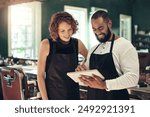 Barber shop, teamwork and people on tablet in salon for calendar, online appointment and website. Collaboration, small business and hairdressers on digital tech for haircare, grooming and hairstyle