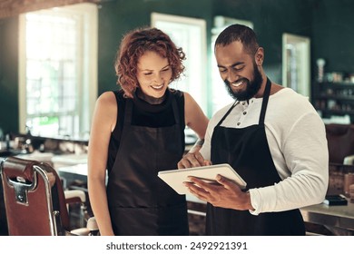 Barber shop, teamwork and people on tablet in salon for calendar, online appointment and website. Collaboration, small business and hairdressers on digital tech for haircare, grooming and hairstyle - Powered by Shutterstock