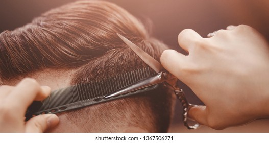 Barbershop Banner. Man In Barber Chair, Hairdresser Styling His Hair