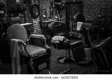 Barbershop Interior. Black And White Dark Background. 