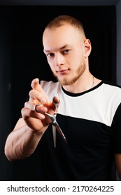 Barbershop Man Holding Scissors For Haircut