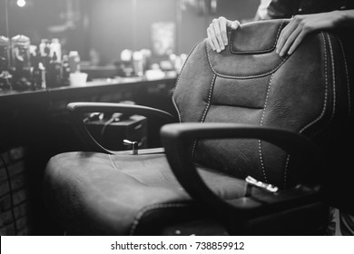 Barbershop. Retro Style Haircut Chair Hairdresser In Barber Shop Interior