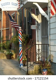 Barbershop In Small Town America On A Patriotic Holiday