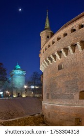 The Barbican, Krakow, Poland. It Is A Circular Bastion Constructed In 1498 And Originally Surrounded By A Moat. The Tower Is St. Florians Gate, One Of The Entrances To The Old Medieval Walled City.