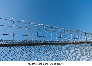 barbwire prison wall with barbed wire fence coiled razor wire perimeter fence with nobody, jail wall