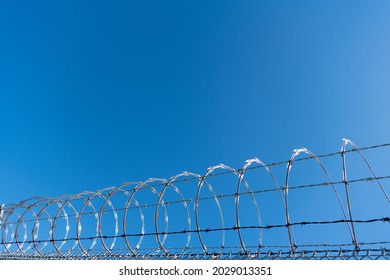 barbwire prison wall with barbed wire fence coiled razor wire perimeter fence, barbwire.