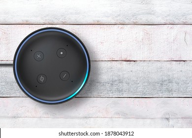 Barcelona, 18th December 2020: Amazon Alexa Echo Dot intelligent speaker controlled by voice.