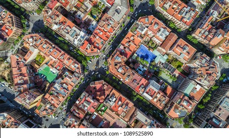 Barcelona aerial straight down camera , Eixample streets and buildings, famous urban grid, Spain.