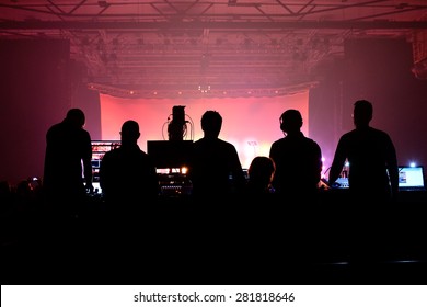 BARCELONA - APR 24: Sound And Lighting Technicians Of Vetusta Morla (band) Work At Sant Jordi Club Stage On April 24, 2015 In Barcelona, Spain.