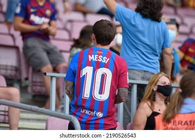 BARCELONA - AUG 15: A Fan Wearing A Leo Messi Shirt At The La Liga Match Between FC Barcelona And Real Sociedad De Futbol At The Camp Nou Stadium On August 15, 2021 In Barcelona, Spain.