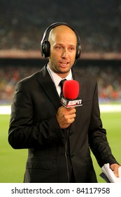 BARCELONA - AUG 17: Martin Ainstein of ESPN reports before the Spanish Supercup football match against FC Barcelona at the New Camp Stadium on August 17, 2011 in Barcelona, Spain