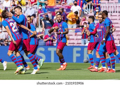 BARCELONA - AUG 29: Barcelona players celebrate a goal during the La Liga match between FC Barcelona and Getafe CF de Futbol at the Camp Nou Stadium on August 29, 2021 in Barcelona, Spain.