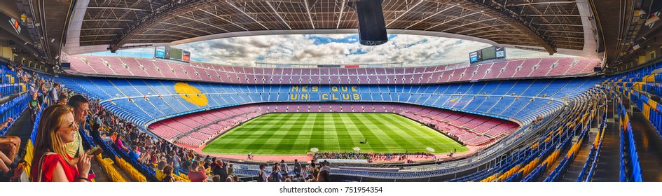 BARCELONA - AUGUST 11: Panoramic interior view of Camp Nou stadium, home of FC Barcelona, Catalonia, Spain, on August 11, 2017. With a seating capacity of 99,354 it is the largest stadium in Europe