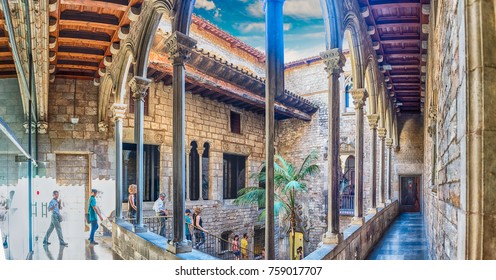 BARCELONA - AUGUST 12: Inner courtyard of Museu Picasso in Barcelona, Catalonia, Spain, on August 12, 2017. Located in La Ribera district, it hosts the widest collection of artworks by Pablo Picasso