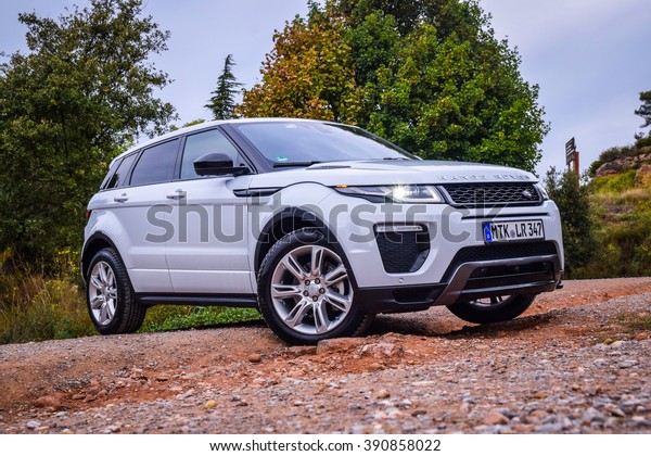 BARCELONA - AUGUST 15, 2015: Updated 2016 Range\
Rover Evoque at the test drive near Barcelona. Range Rover was\
careful to leave intact the chunky and charming aesthetics of its\
bestselling model.