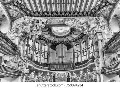 BARCELONA - AUGUST 8: Pipe organ of Palau de la Musica Catalana, modernist Concert Hall designed by the architect Lluis Domenech i Montaner in Barcelona, Catalonia, Spain, on August 8, 2017