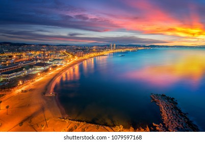 Barcelona Beach On Morning Sunrise With Barcelobna City And Sea From The Roof Top Of Hotel, Spain