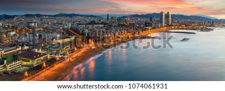 Barcelona beach on morning sunrise with Barcelobna city and sea from the roof top of Hotel, Spain