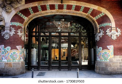 Barcelona, Catalonia, Spain - April 14, 2015: Facade And Entrance Of The Palau De La Música Catalana (Palace Of Catalan Music), Architect Lluís Domènech I Montaner.