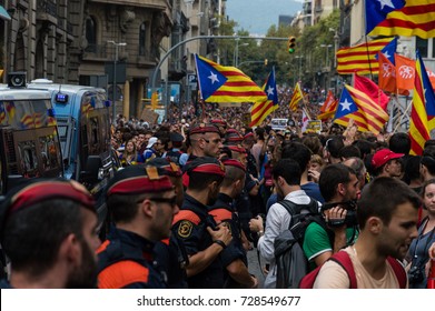 Barcelona, Catalunya, Spain - OCTOBER 03, 2017. Pacific Protest Against The Law Enforcement Violence During The Referendum Of Catalunya, 