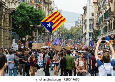 Barcelona, Catalunya, Spain - OCTOBER 03, 2017. Pacific Protest Against The Law Enforcement Violence During The Referendum Of Catalunya, 