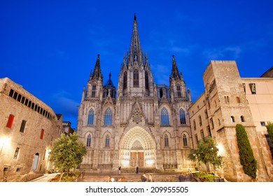 Barcelona Cathedral At Night, Gothic Quarter (Barri Gotic) Of The City, Catalonia, Spain.