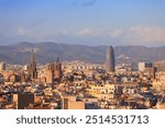 Barcelona cityscape with the Old Town (Ciutat Vella) and Poblenou district in background. City view of Barcelona, Spain.