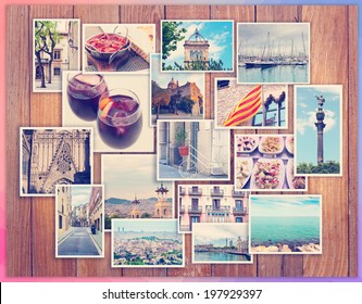Barcelona collage, a few photos on a wooden background, postcard