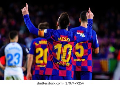 BARCELONA - DEC 21: Messi celebrates a goal at the La Liga match between FC Barcelona and Deportivo Alaves at the Camp Nou Stadium on December 21, 2019 in Barcelona, Spain.