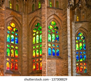 BARCELONA - DECEMBER 14: Colorful Window Of La Sagrada Familia, The Impressive Cathedral Designed By Gaudi, Which Is Being Build Since 1882 And Not Finished Yet December 14, 2011 In Barcelona, Spain.