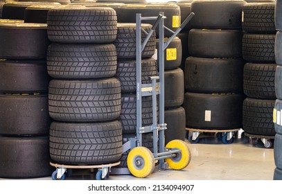 Barcelona, ​​Spain; December 20, 2021: Detail Of The Tire Stack For Racing Cars On The Circuit