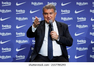 BARCELONA - FEB 3: The president Joan Laporta poses for the media during the presentation of Aubameyang as a new FC Barcelona player at the Camp Nou Stadium on February 3, 2022 in Barcelona, Spain.