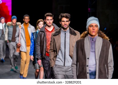 BARCELONA - FEB 5: Male Models Walk The Runway For The Torras Collection At The 080 Barcelona Fashion Week 2015 Fall Winter On February 5, 2015 In Barcelona, Spain.