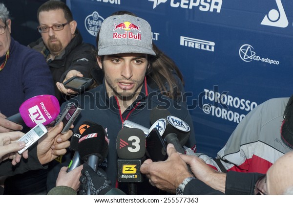 BARCELONA - FEBRUARY 20: Carlos Sainz\
of Toro Rosso at second day of Formula One Test Days at Catalunya\
Circuit on February 20, 2015 in Barcelona,\
Spain.