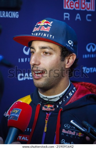 BARCELONA - FEBRUARY 20: Daniel\
Ricciardo of Infiniti Red Bull Racing F1 team at Formula One Test\
Days at Catalunya circuit on February 20, 2015 in Barcelona,\
Spain.