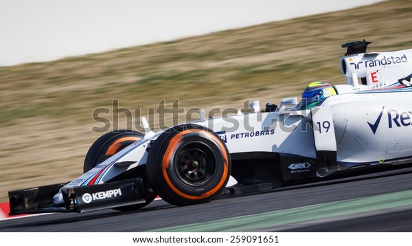 BARCELONA - FEBRUARY 20: Felipe Massa\
of Williams Martini Racing F1 team at Formula One Test Days at\
Catalunya circuit on February 20, 2015 in Barcelona,\
Spain.