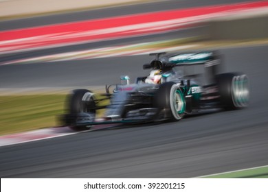 BARCELONA - FEBRUARY 22: Lewis Hamilton of Mercedes AMG F1 Team at Formula One Test Days at Catalunya circuit on February 22, 2016 in Barcelona, Spain. - Shutterstock ID 392201215