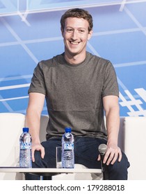 BARCELONA - FEBRUARY 24: Facebook CEO Mark Zuckerberg speaking at the Mobile World Congress on February 24, 2014, Barcelona, Spain. 