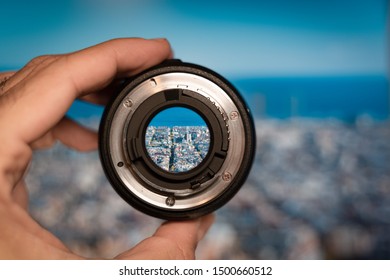 Barcelona General View Through Camera Lens. Photography And Travel Concept.