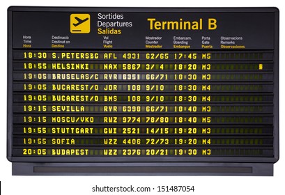 Barcelona international airport departures board isolated on white  - Shutterstock ID 151487054