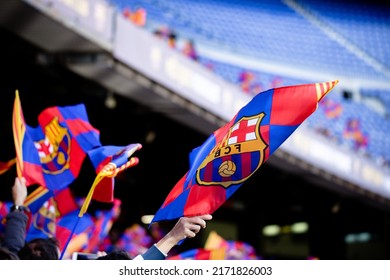 BARCELONA - JAN 3: Fans With FC Barcelona Flags At The Camp Nou Stadium On January 3, 2022 In Barcelona, Spain.