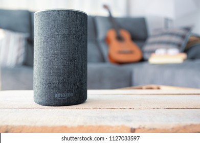 BARCELONA - JULY 2018: Amazon Echo Smart Home Alexa Voice Service In A Living Room On July 20, 2018 In Barcelona.