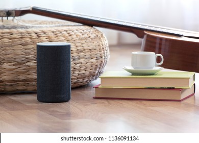 BARCELONA - JULY 2018: Amazon Echo Smart Home Alexa Voice Service in a living room on July 17, 2018 in Barcelona.