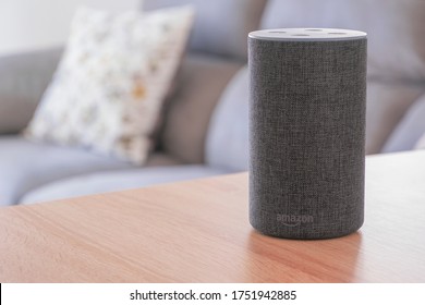BARCELONA, JUNE 8, 2020:Dark grey Amazon Alexa Echo in a living room on June 8, 2020 in Barcelona